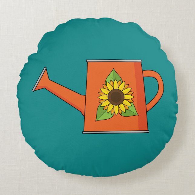 Orange Watering Can with Sunflower Round Pillow (Front)