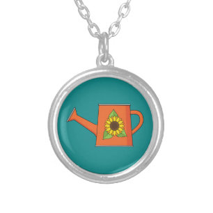 Orange Watering Can with Sunflower Silver Plated Necklace