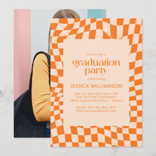 Orange Wavy Checker Retro Graduation Party Photo Invitation