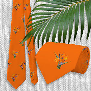 Orange Wedding Bird of Paradise Pattern Neck Tie