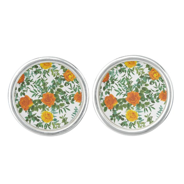 Orange Wedding Peony Rose Floral Cufflinks (Front)