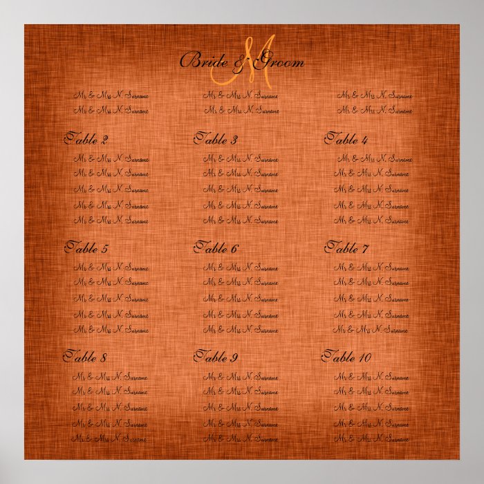 Orange wedding seating charts print