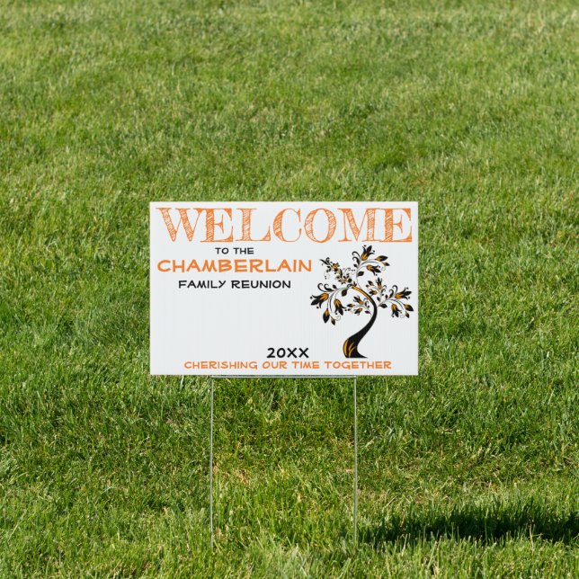 Orange Welcome Family Reunion Modern Floral Tree Sign (Insitu)