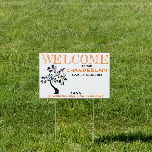 Orange Welcome Family Reunion Modern Floral Tree Sign