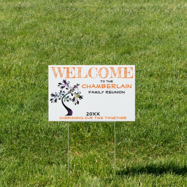 Orange Welcome Family Reunion Modern Floral Tree Sign (Insitu)
