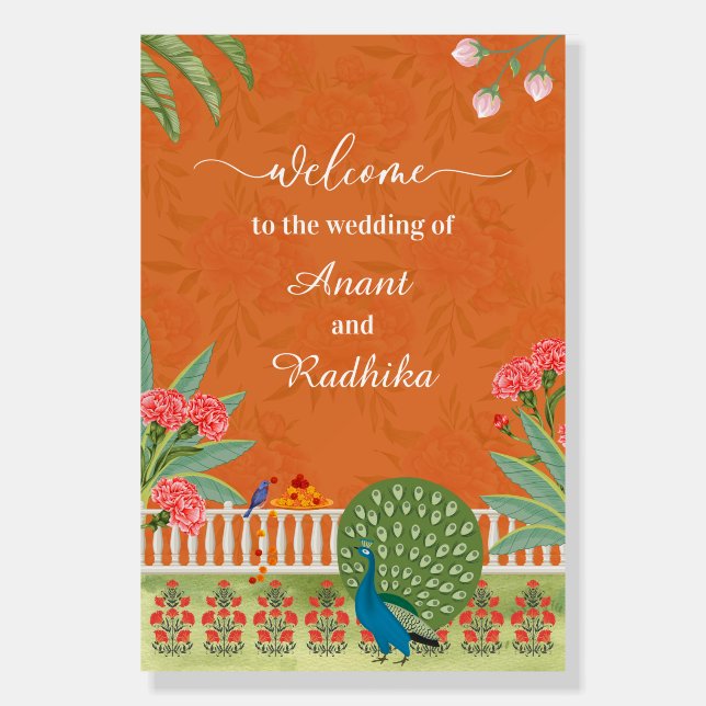 Orange Welcome Sign for Royal Indian Wedding (Front)