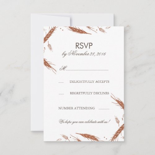Orange Wheat Fall Wedding RSVP Invitation - Fall orange and white wedding reply card with wheat stems