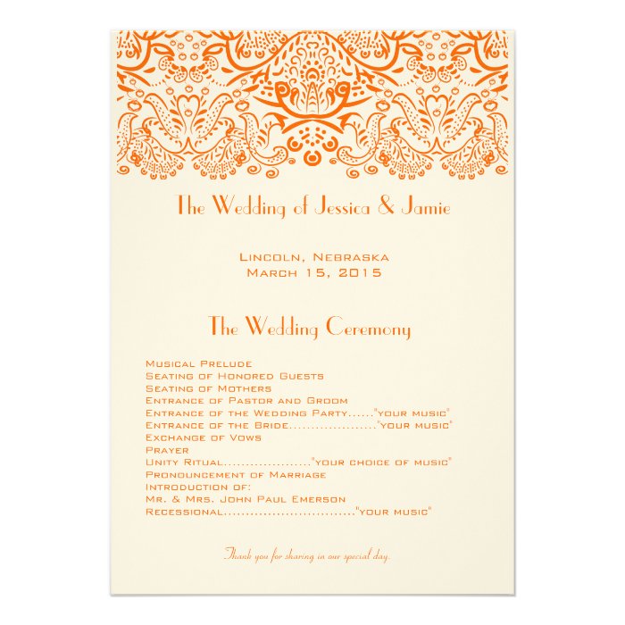 Orange Whimisical Love Birds Wedding Program Invite