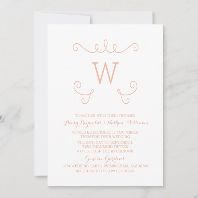 Orange Whimsical Flourish Monogram Wedding Invite (Front)