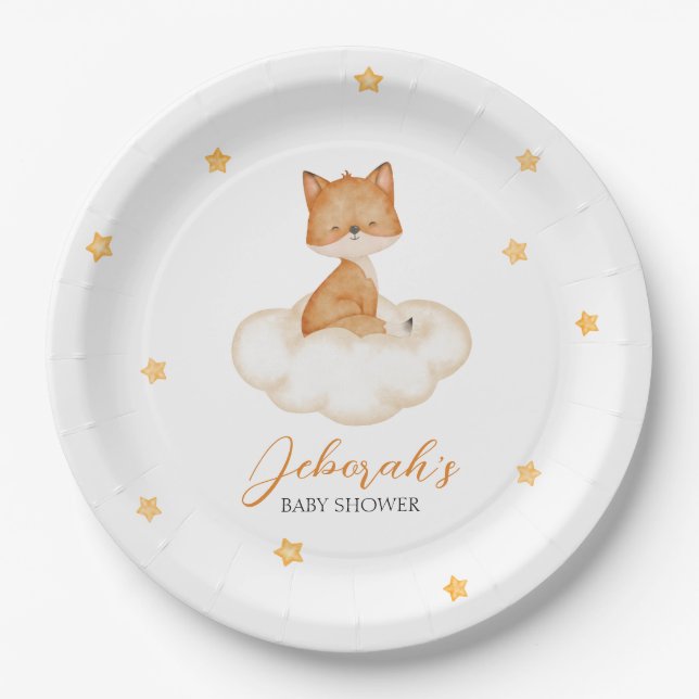 Orange Whimsical Fox Baby Shower Paper Plates (Front)