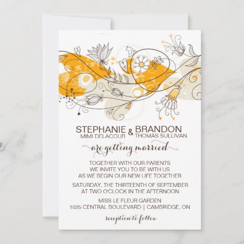 Orange Whimsical Hearts Flowers Wedding Invitation
