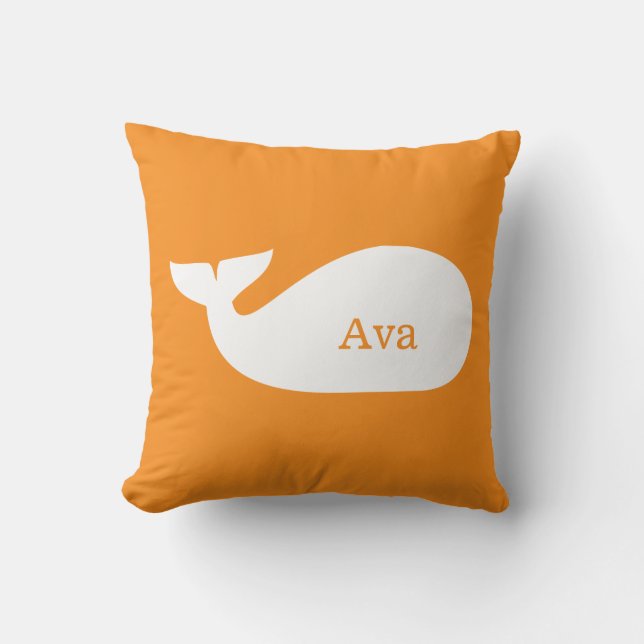 Orange Whimsical Whale Personalized Children's Throw Pillow (Front)