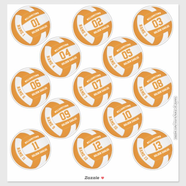 orange white 13 custom players names volleyball sticker (Sheet)