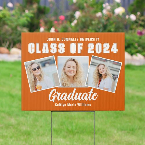 Orange White 2024 Graduation Photo Collage Yard Sign