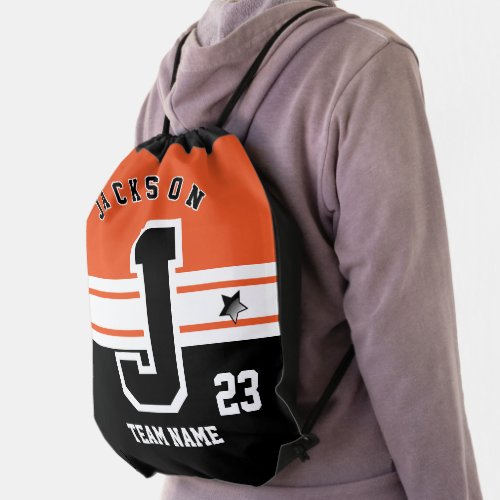 Orange White and Black All Varsity Sport Letters Drawstring Bag
