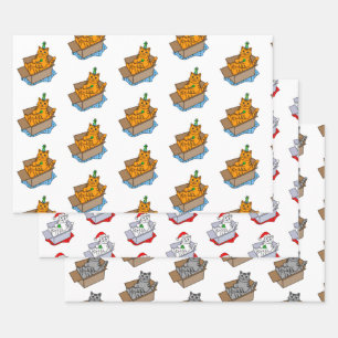 Orange, White and Gray Christmas and Birthday Cat Wrapping Paper Sheets