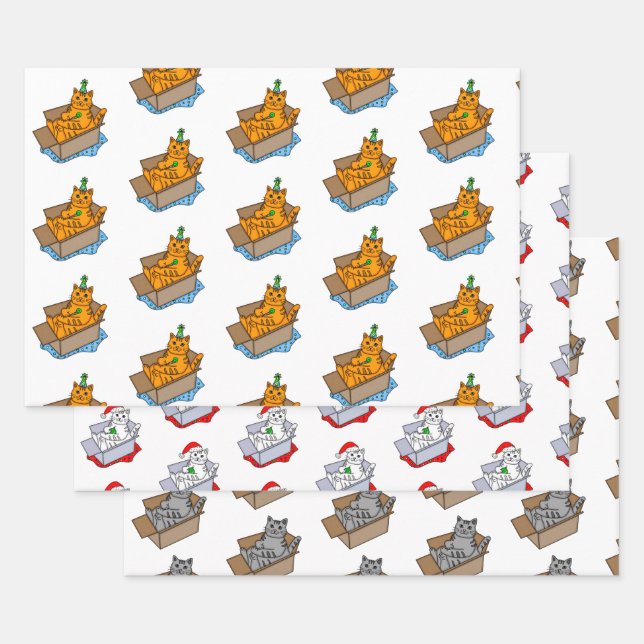 Orange, White and Gray Christmas and Birthday Cat  Wrapping Paper Sheets (Set)