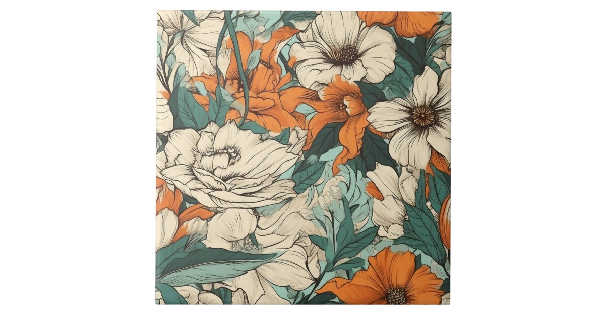 Orange, white and green pretty floral ceramic tile | Zazzle