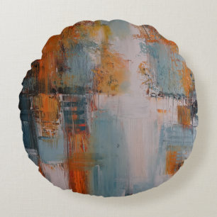 Orange, white, and teal abstract painting round pillow