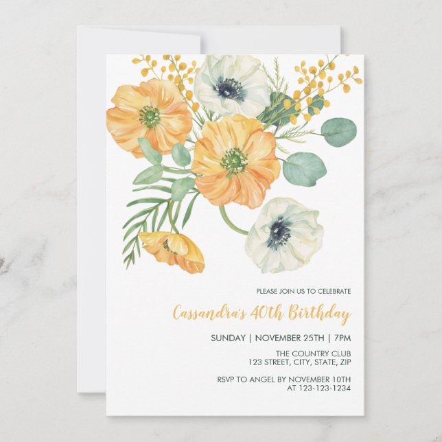 Orange & White Anemone Greenery Birthday  Invitation (Front)