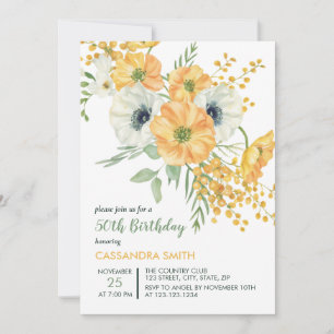 Orange & White Anemone Spring Floral Birthday Invitation