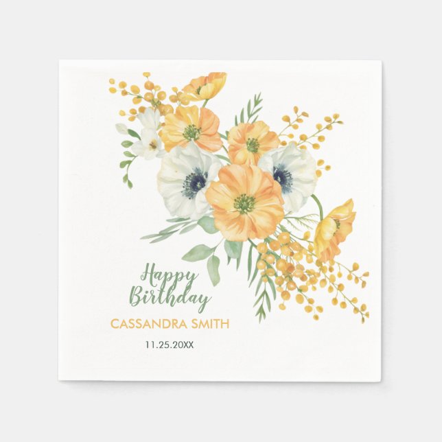 Orange & White Anemone Spring Floral Birthday  Napkins (Front)