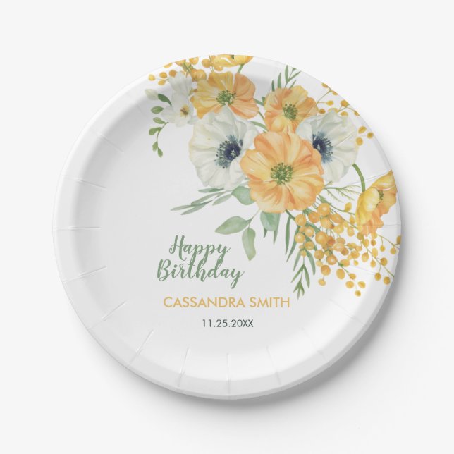 Orange & White Anemone Spring Floral Birthday  Paper Plates (Front)