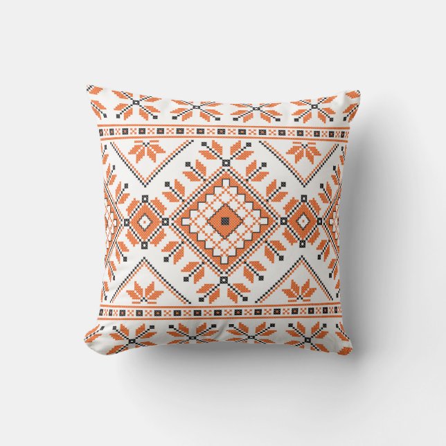 Orange White Aztec Tribal Ethnic Geometric Pattern Throw Pillow (Front)