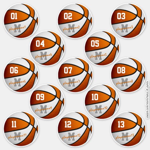 orange white basketball 13 athletes sheet of sticker
