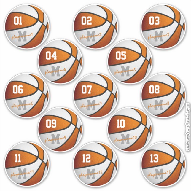 orange white basketball 13 athletes sheet of sticker (Front)