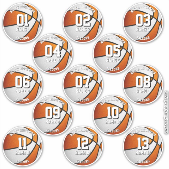 orange white basketball 13 team members names sticker (Front)