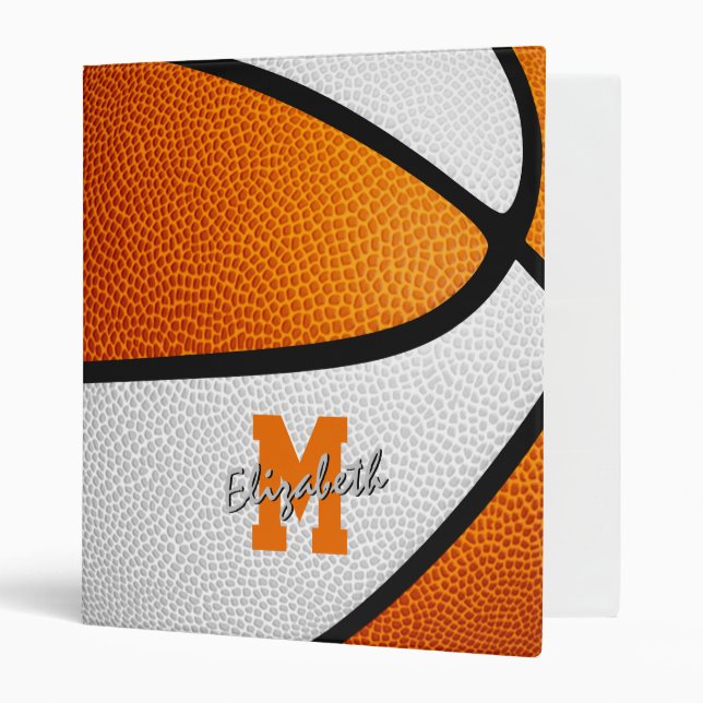 orange white basketball boys girls monogrammed 3 ring binder (Front/Inside)