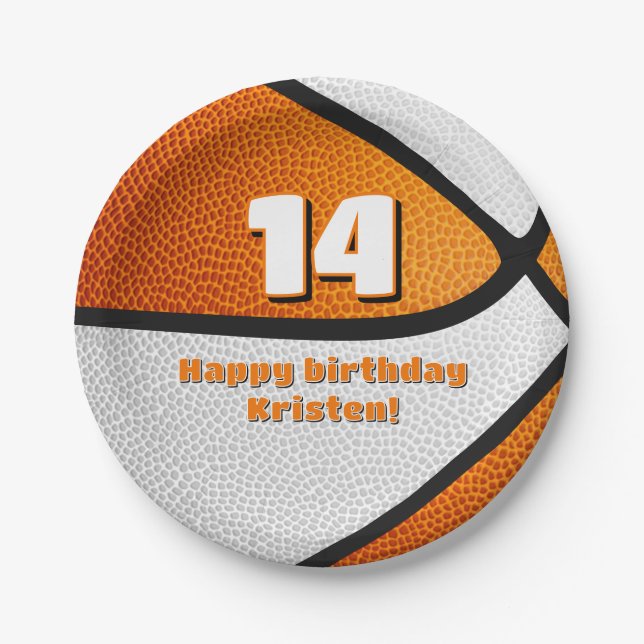 orange white basketball girls sports party paper plates (Front)