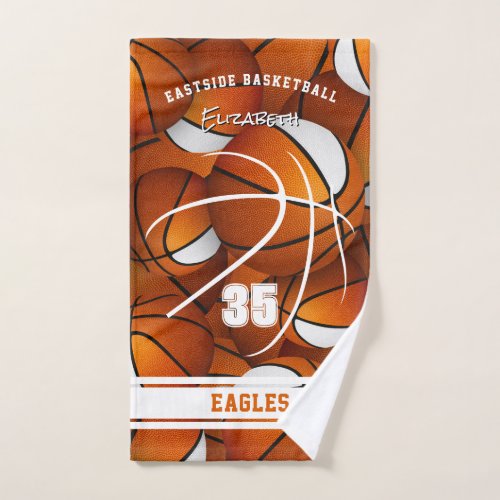 basketball team name hand towel with orange white team colors 