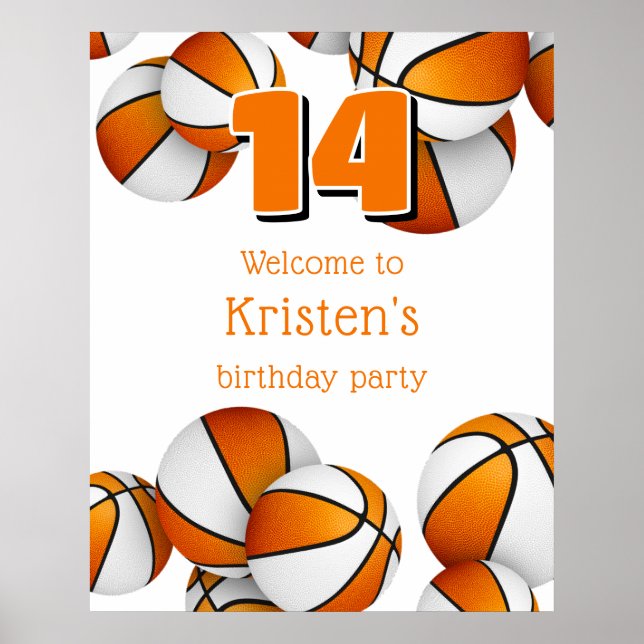 orange white basketballs birthday party welcome poster (Front)