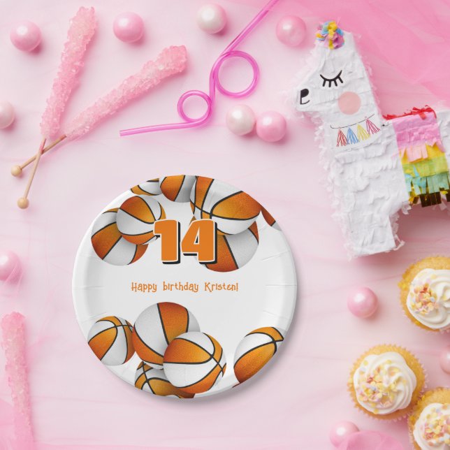 orange white basketballs girls birthday party paper plates (Party)