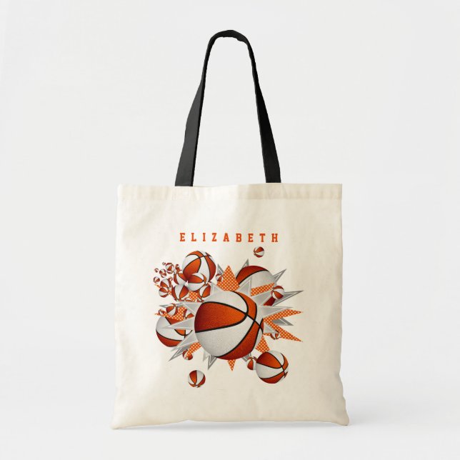 orange white basketballs stars girls name tote bag (Front)