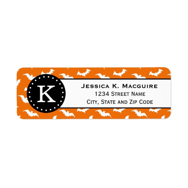 Orange White Bat Pattern Black Monogram Label (Front)