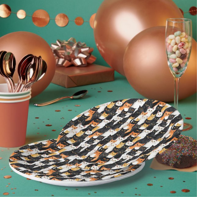 Orange White Black Cats Halloween Paper Plates (Multi)