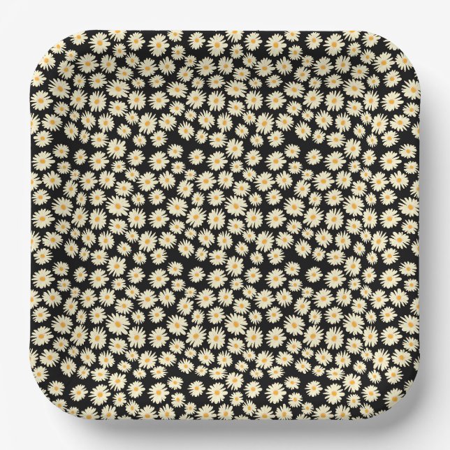 Orange white black daisy flower pattern paper plates (Front)