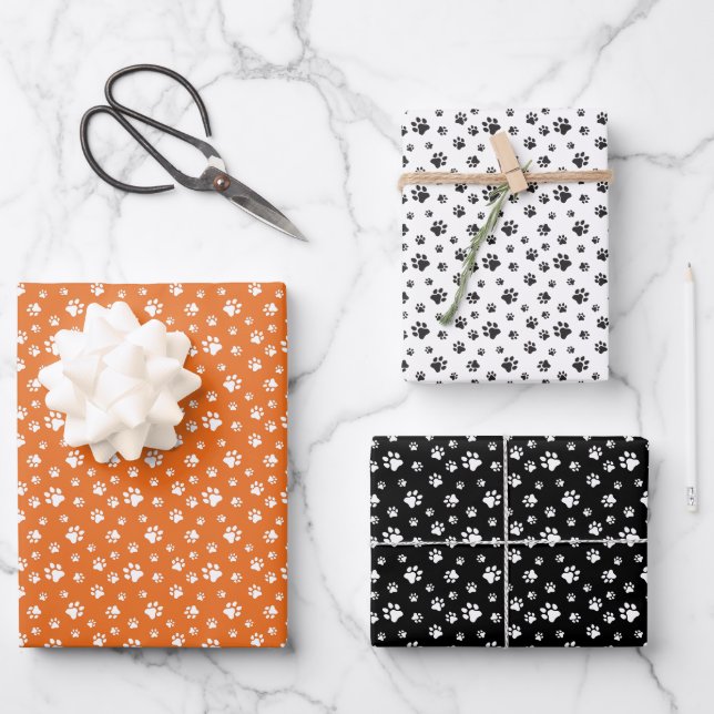 ORANGE WHITE BLACK DOG CAT PET PAW PRINTS WRAPPING PAPER SHEETS (Front)
