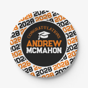 Orange, White & Black Graduation Personalized Paper Plates