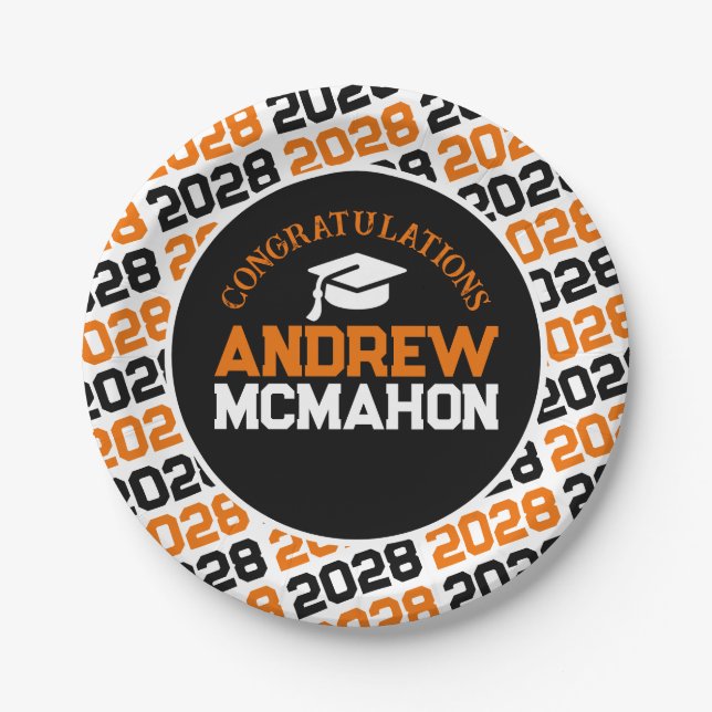 Orange, White & Black Graduation Personalized Paper Plates (Front)