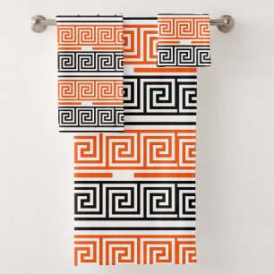 Orange White Black Greek Key Fret Pattern Design  Bath Towel Set