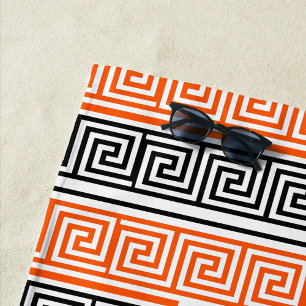 Orange White Black Greek Key Fret Pattern Design  Beach Towel