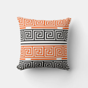 Orange White Black Greek Key Fret Pattern Design Throw Pillow