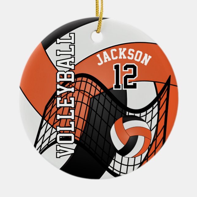 Orange, White & Black Personalize Volleyball 🏐💖 Ceramic Ornament (Front)