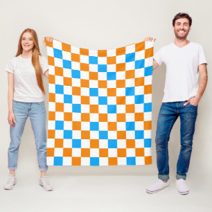 Orange White Blue Checkered Pattern Design  Fleece Blanket