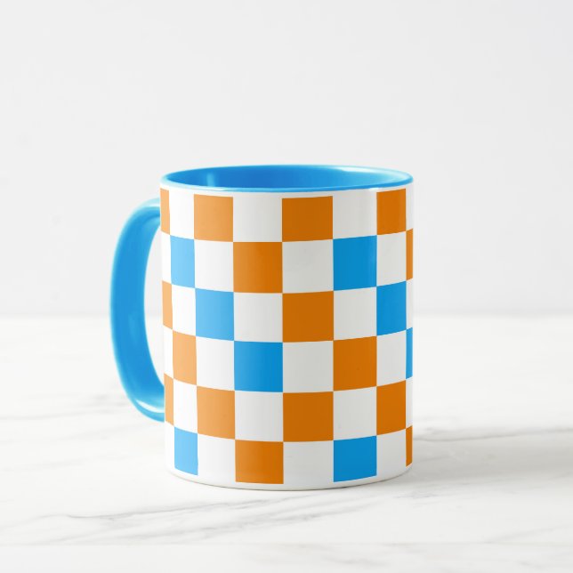 Orange White Blue Checkered Pattern Design  Mug (Front Left)