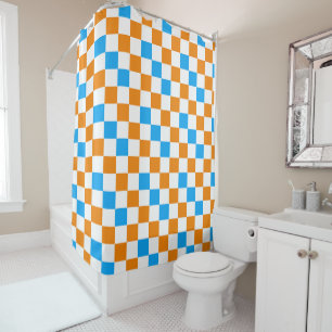 Orange White Blue Checkered Pattern Design Shower Curtain